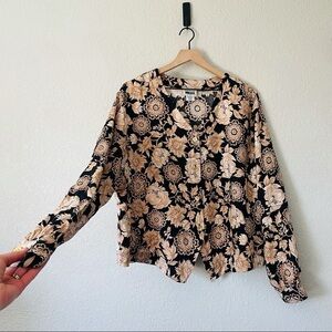 Vintage Tan And Black Floral Blouse